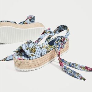 Zara | Raffia Platform Tied Espadrille Floral Summer Sandal Wedges